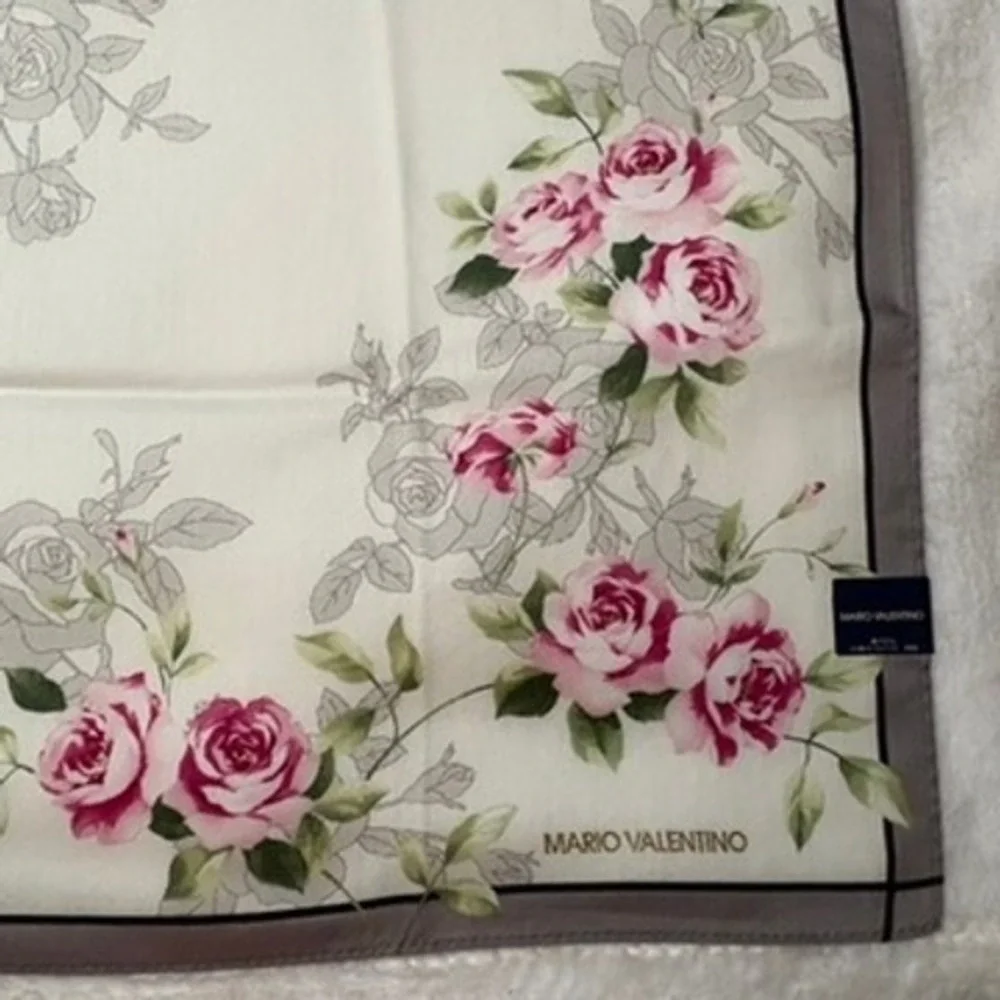 Vtg MARIO VALENTINO Scarf Handkerchief Floral Rose Cotton Cream Pink Grey